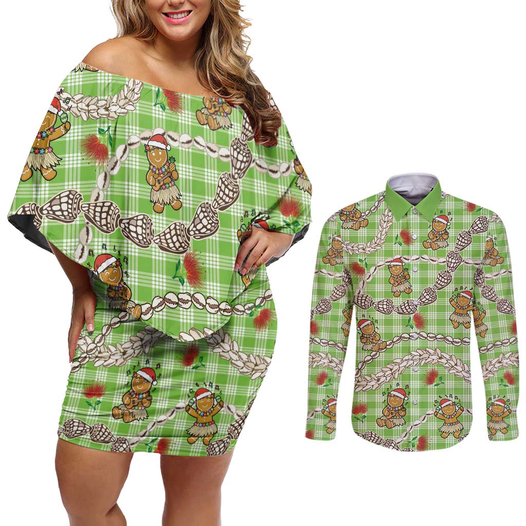 Green Palaka Hawaii Mele Kalikimaka Couples Matching Off Shoulder Short Dress and Long Sleeve Button Shirt Ohia Lehua Shell Leis Funny Gingerbread Santa - Polynesian Pride
