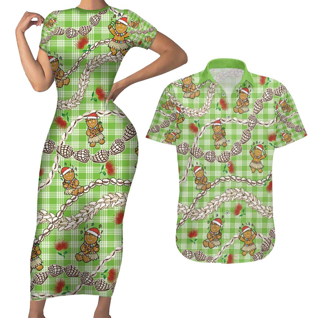 Green Palaka Hawaii Mele Kalikimaka Couples Matching Short Sleeve Bodycon Dress and Hawaiian Shirt Ohia Lehua Shell Leis Funny Gingerbread Santa - Polynesian Pride