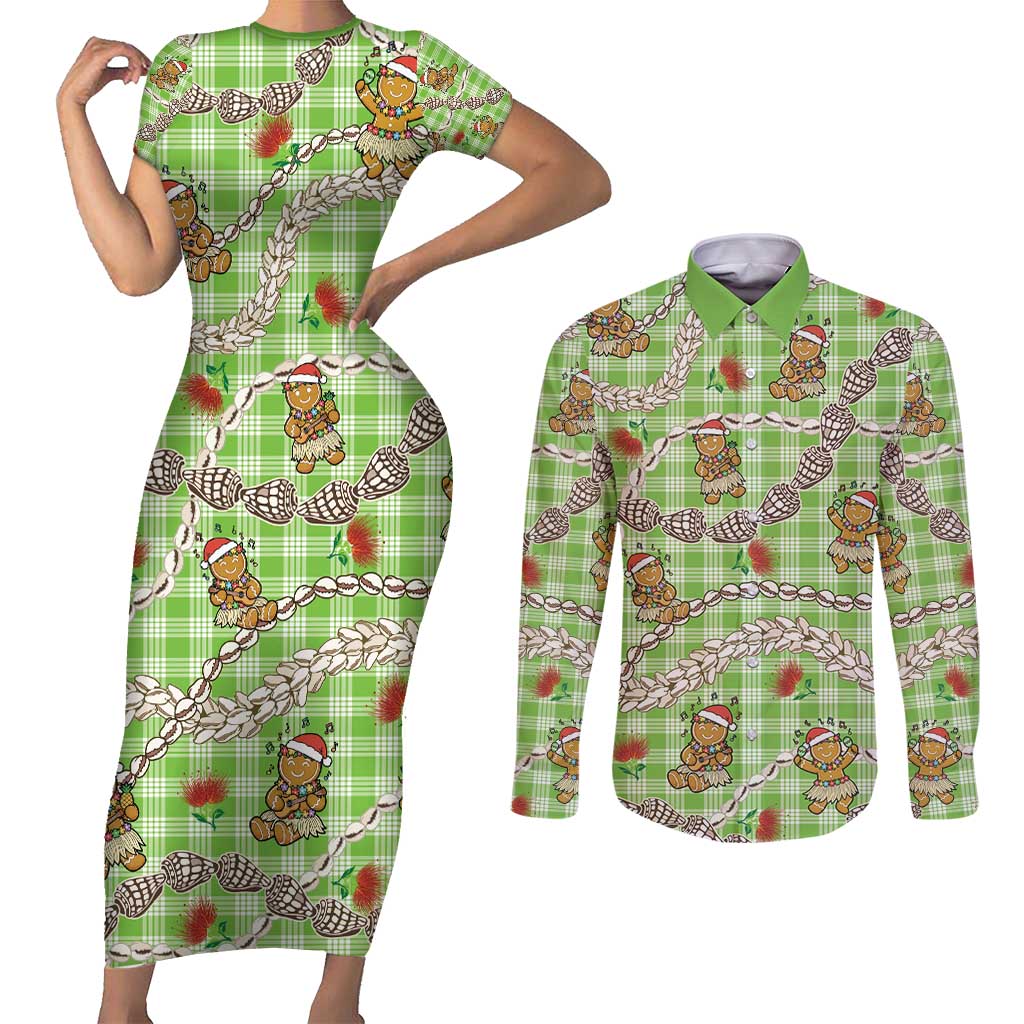 Green Palaka Hawaii Mele Kalikimaka Couples Matching Short Sleeve Bodycon Dress and Long Sleeve Button Shirt Ohia Lehua Shell Leis Funny Gingerbread Santa - Polynesian Pride
