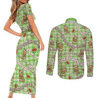 Green Palaka Hawaii Mele Kalikimaka Couples Matching Short Sleeve Bodycon Dress and Long Sleeve Button Shirt Ohia Lehua Shell Leis Funny Gingerbread Santa - Polynesian Pride