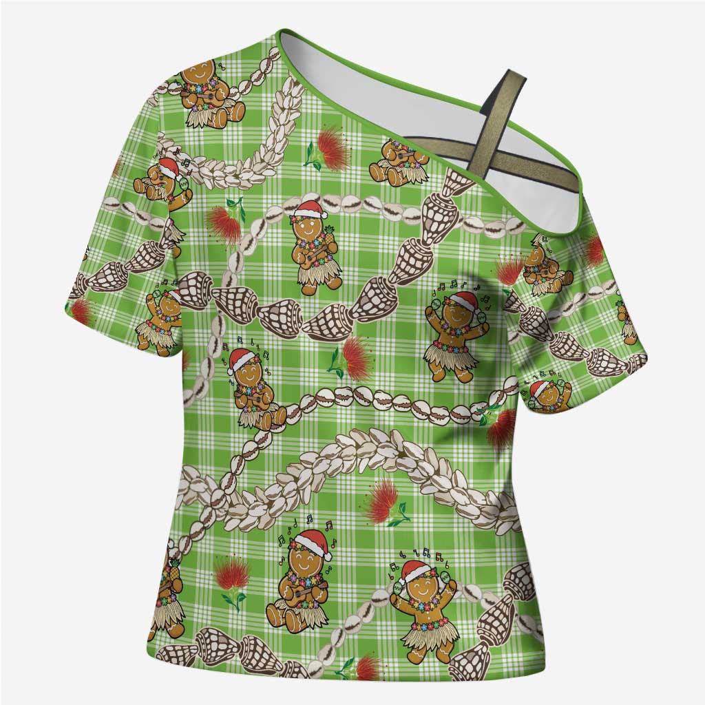 Green Palaka Hawaii Mele Kalikimaka Cross Shoulder Shirt Ohia Lehua Shell Leis Funny Gingerbread Santa - Polynesian Pride