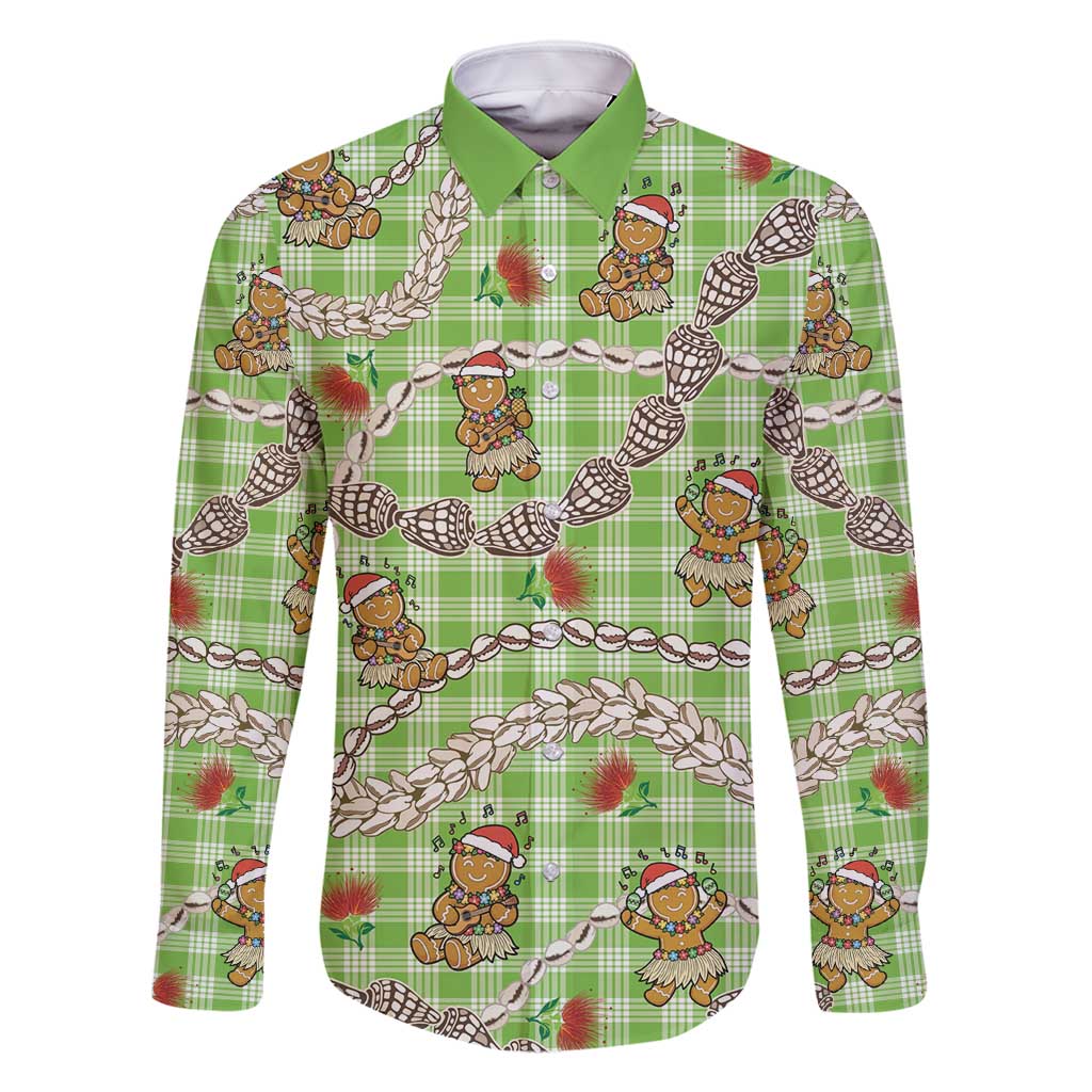 Green Palaka Hawaii Mele Kalikimaka Family Matching Long Sleeve Bodycon Dress and Hawaiian Shirt Ohia Lehua Shell Leis Funny Gingerbread Santa - Polynesian Pride