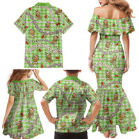 Green Palaka Hawaii Mele Kalikimaka Family Matching Mermaid Dress and Hawaiian Shirt Ohia Lehua Shell Leis Funny Gingerbread Santa - Polynesian Pride
