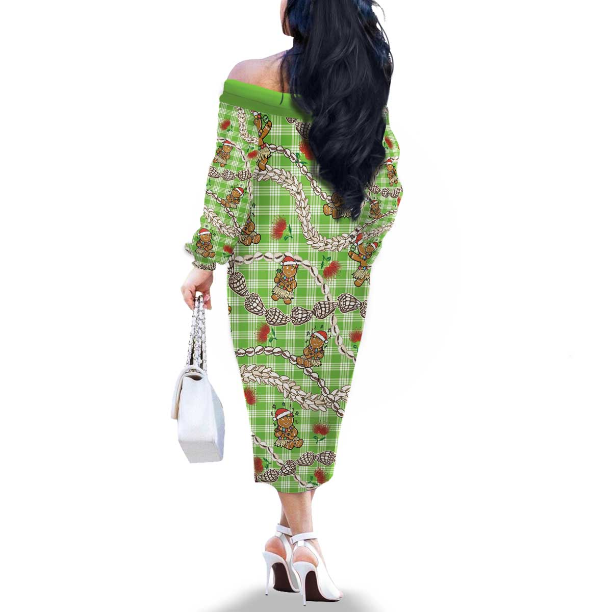 Green Palaka Hawaii Mele Kalikimaka Family Matching Off The Shoulder Long Sleeve Dress and Hawaiian Shirt Ohia Lehua Shell Leis Funny Gingerbread Santa - Polynesian Pride