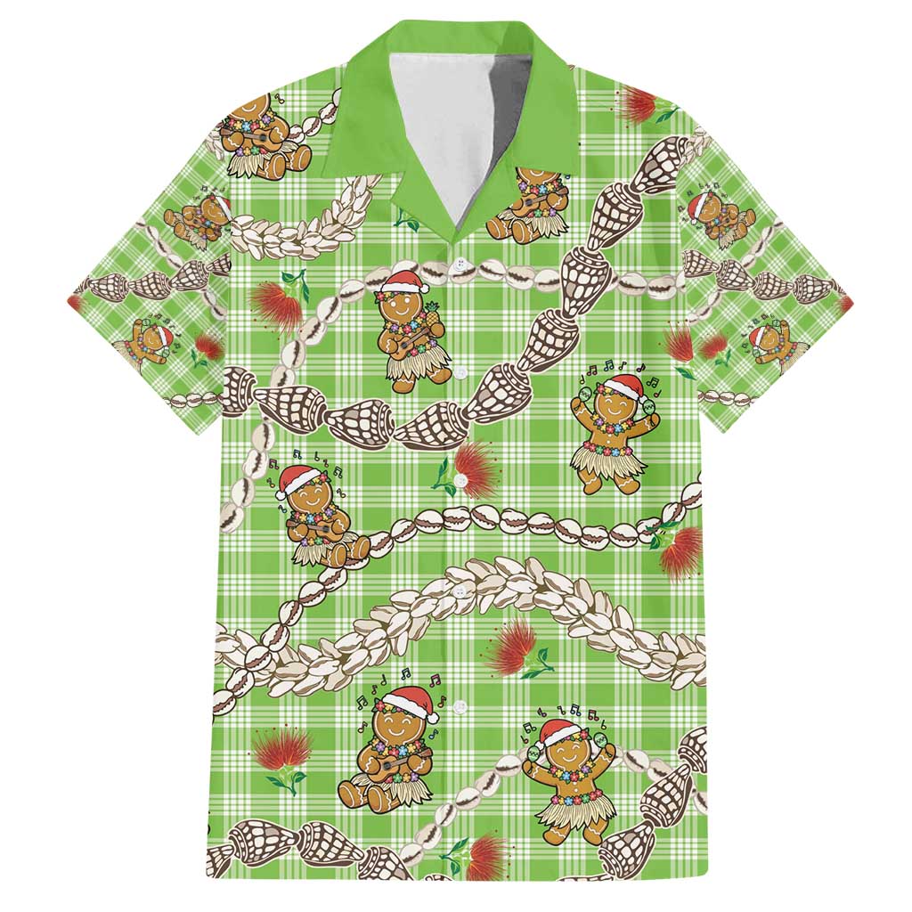 Green Palaka Hawaii Mele Kalikimaka Family Matching Off Shoulder Maxi Dress and Hawaiian Shirt Ohia Lehua Shell Leis Funny Gingerbread Santa - Polynesian Pride