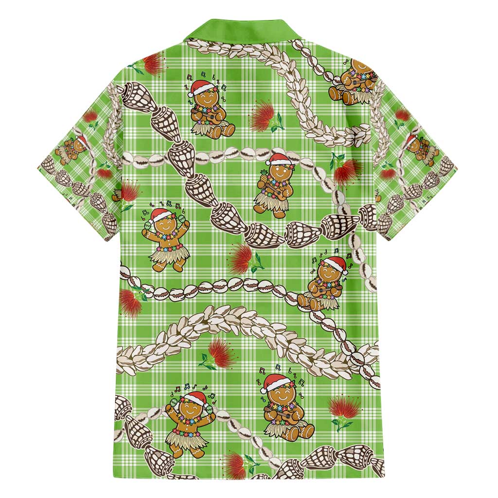 Green Palaka Hawaii Mele Kalikimaka Family Matching Off Shoulder Short Dress and Hawaiian Shirt Ohia Lehua Shell Leis Funny Gingerbread Santa - Polynesian Pride