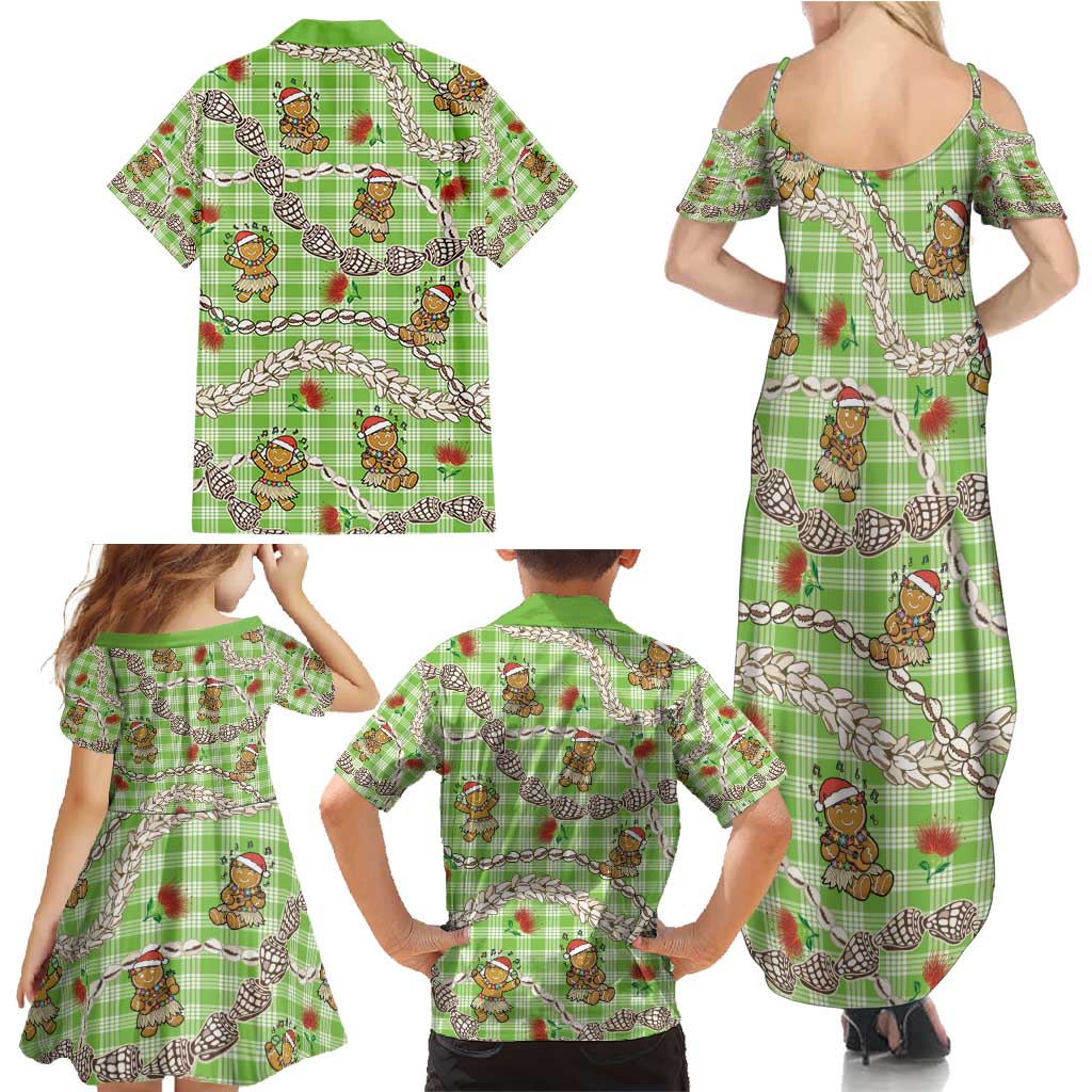 Green Palaka Hawaii Mele Kalikimaka Family Matching Summer Maxi Dress and Hawaiian Shirt Ohia Lehua Shell Leis Funny Gingerbread Santa - Polynesian Pride