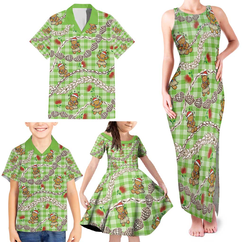 Green Palaka Hawaii Mele Kalikimaka Family Matching Tank Maxi Dress and Hawaiian Shirt Ohia Lehua Shell Leis Funny Gingerbread Santa - Polynesian Pride