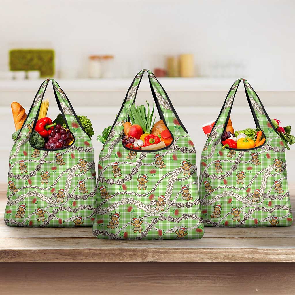 Green Palaka Hawaii Mele Kalikimaka Grocery Bag Ohia Lehua Shell Leis Funny Gingerbread Santa - Polynesian Pride