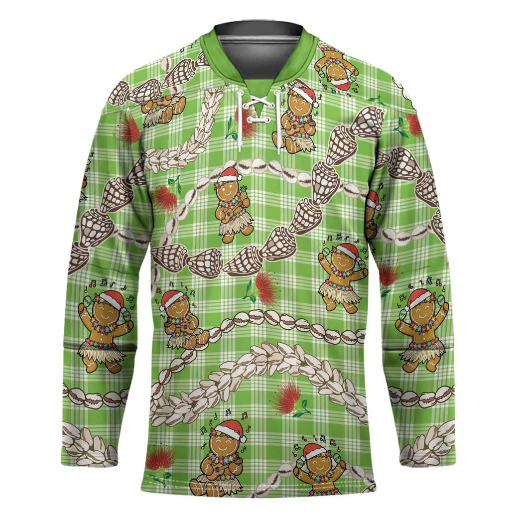 Green Palaka Hawaii Mele Kalikimaka Hockey Jersey Ohia Lehua Shell Leis Funny Gingerbread Santa - Polynesian Pride