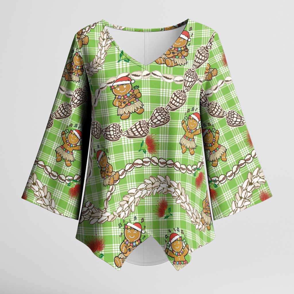 Green Palaka Hawaii Mele Kalikimaka Kimono Sleeve Blouse Ohia Lehua Shell Leis Funny Gingerbread Santa - Polynesian Pride