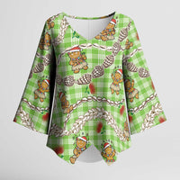 Green Palaka Hawaii Mele Kalikimaka Kimono Sleeve Blouse Ohia Lehua Shell Leis Funny Gingerbread Santa - Polynesian Pride