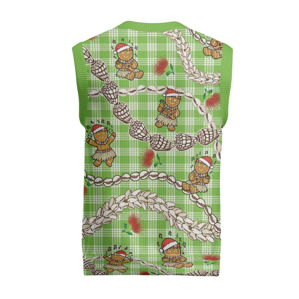 Green Palaka Hawaii Mele Kalikimaka Christmas Knitted V-Neck Vest Ohia Lehua Shell Leis Funny Gingerbread Santa - Polynesian Pride