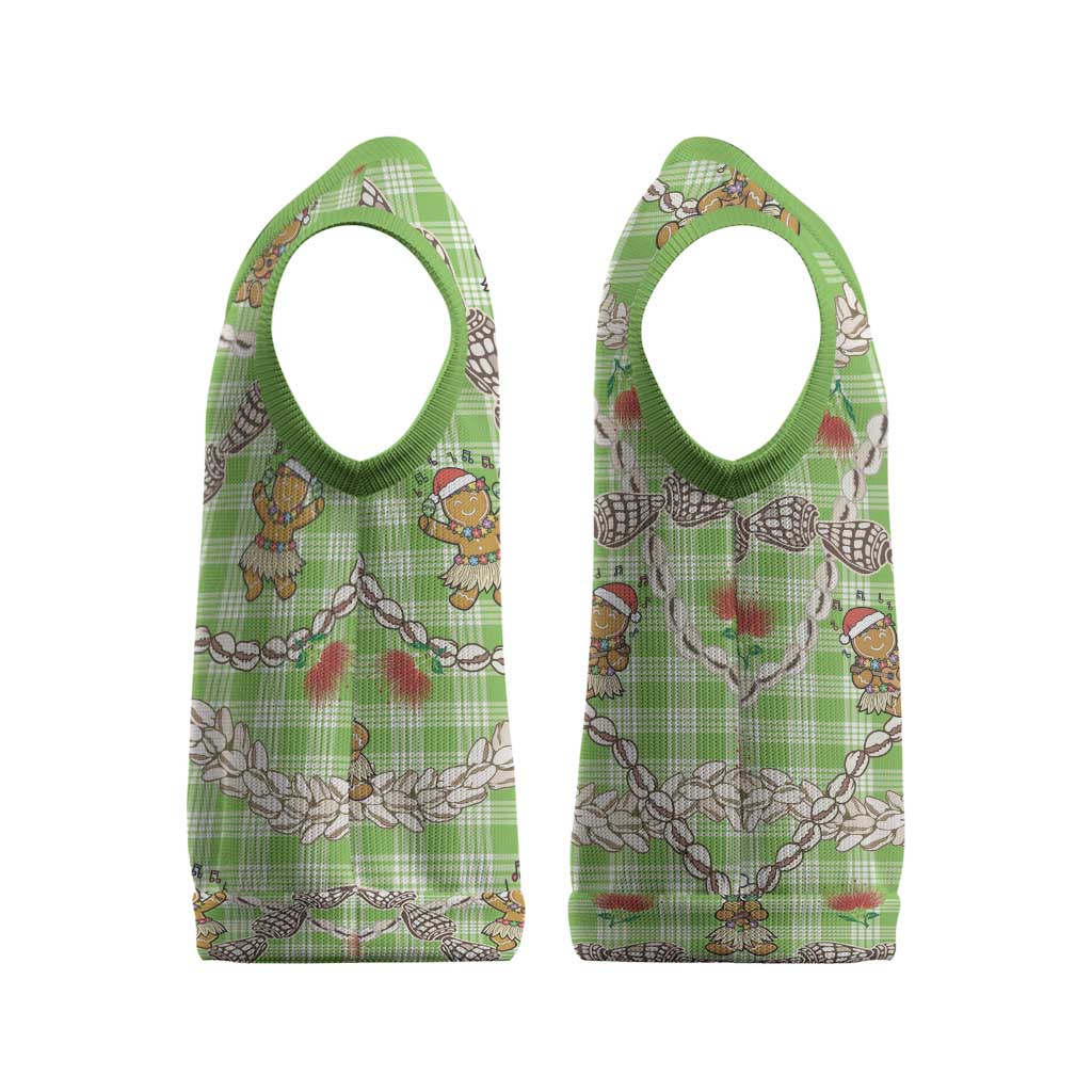 Green Palaka Hawaii Mele Kalikimaka Christmas Knitted V-Neck Vest Ohia Lehua Shell Leis Funny Gingerbread Santa - Polynesian Pride