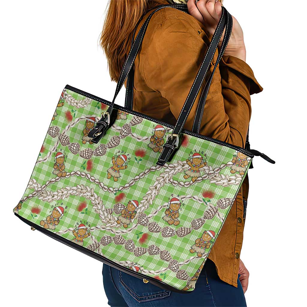 Green Palaka Hawaii Mele Kalikimaka Leather Tote Bag Ohia Lehua Shell Leis Funny Gingerbread Santa - Polynesian Pride