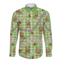 Green Palaka Hawaii Mele Kalikimaka Long Sleeve Button Shirt Ohia Lehua Shell Leis Funny Gingerbread Santa - Polynesian Pride