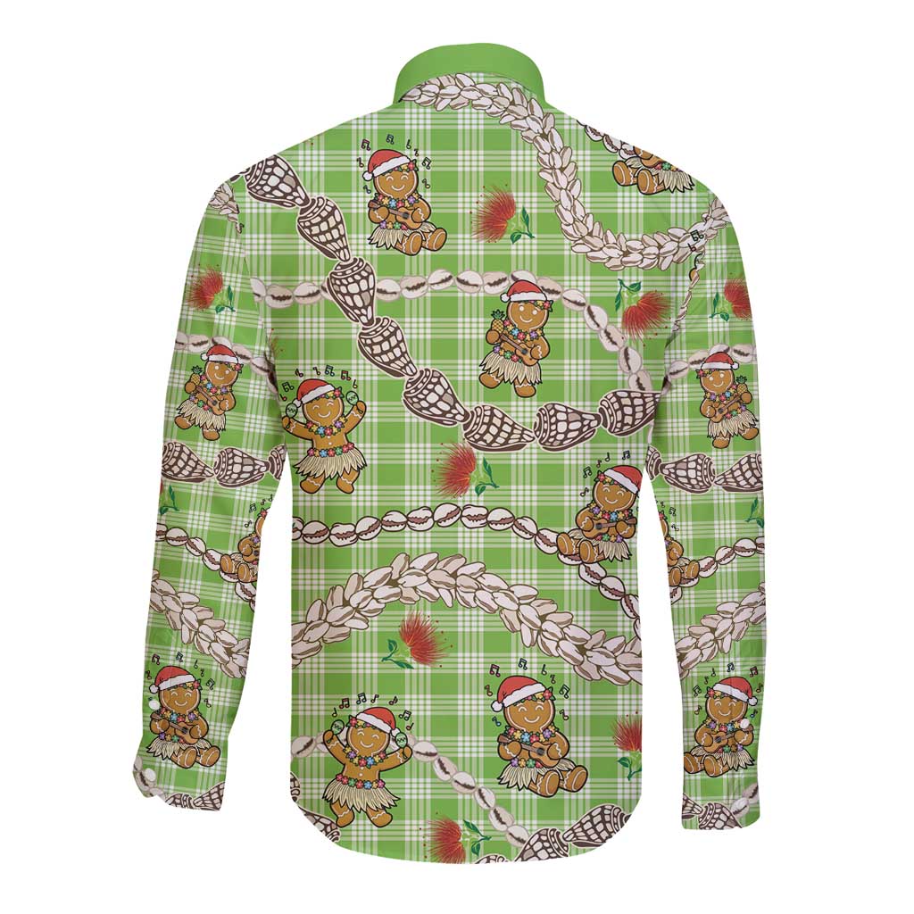 Green Palaka Hawaii Mele Kalikimaka Long Sleeve Button Shirt Ohia Lehua Shell Leis Funny Gingerbread Santa - Polynesian Pride