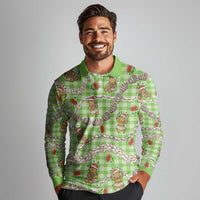 Green Palaka Hawaii Mele Kalikimaka Long Sleeve Polo Shirt Ohia Lehua Shell Leis Funny Gingerbread Santa - Polynesian Pride