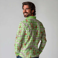 Green Palaka Hawaii Mele Kalikimaka Long Sleeve Polo Shirt Ohia Lehua Shell Leis Funny Gingerbread Santa - Polynesian Pride