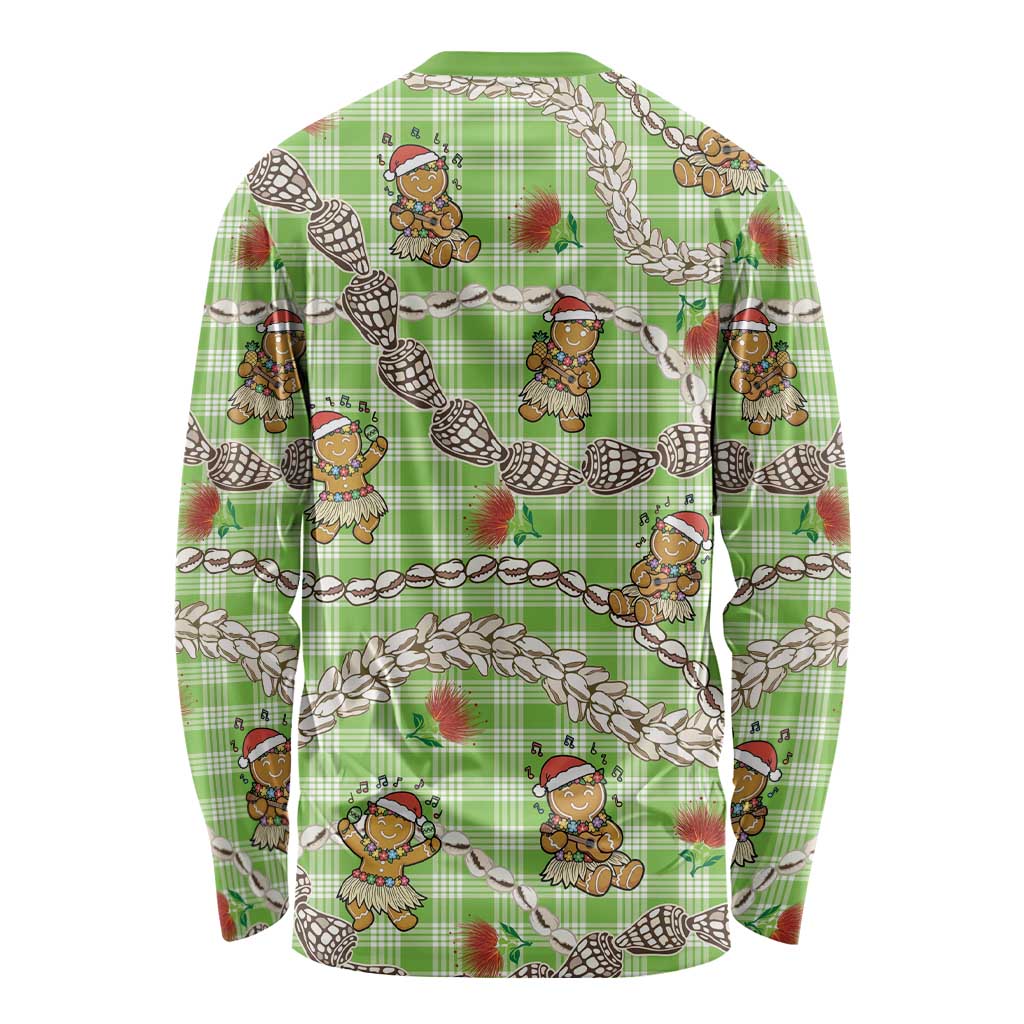 Green Palaka Hawaii Mele Kalikimaka Long Sleeve Shirt Ohia Lehua Shell Leis Funny Gingerbread Santa - Polynesian Pride
