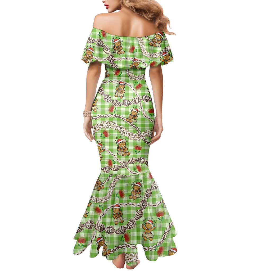 Green Palaka Hawaii Mele Kalikimaka Mermaid Dress Ohia Lehua Shell Leis Funny Gingerbread Santa - Polynesian Pride