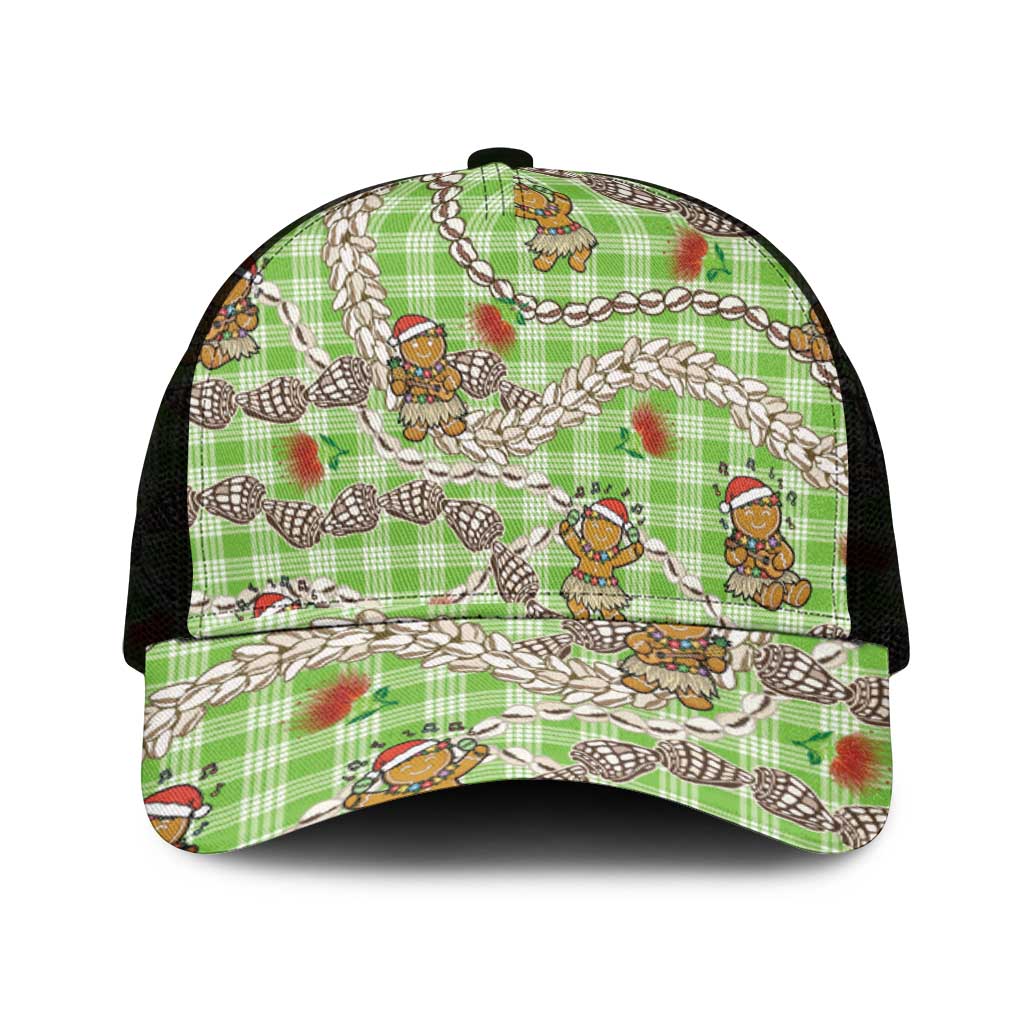 Green Palaka Hawaii Mele Kalikimaka Mesh Trucker Cap Ohia Lehua Shell Leis Funny Gingerbread Santa - Polynesian Pride
