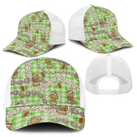 Green Palaka Hawaii Mele Kalikimaka Mesh Trucker Cap Ohia Lehua Shell Leis Funny Gingerbread Santa - Polynesian Pride