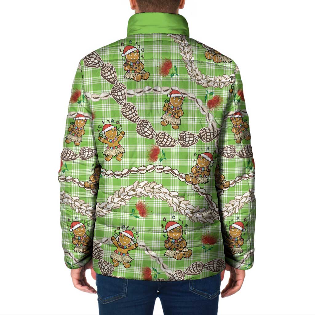 Green Palaka Hawaii Mele Kalikimaka Padded Jacket Ohia Lehua Shell Leis Funny Gingerbread Santa - Polynesian Pride