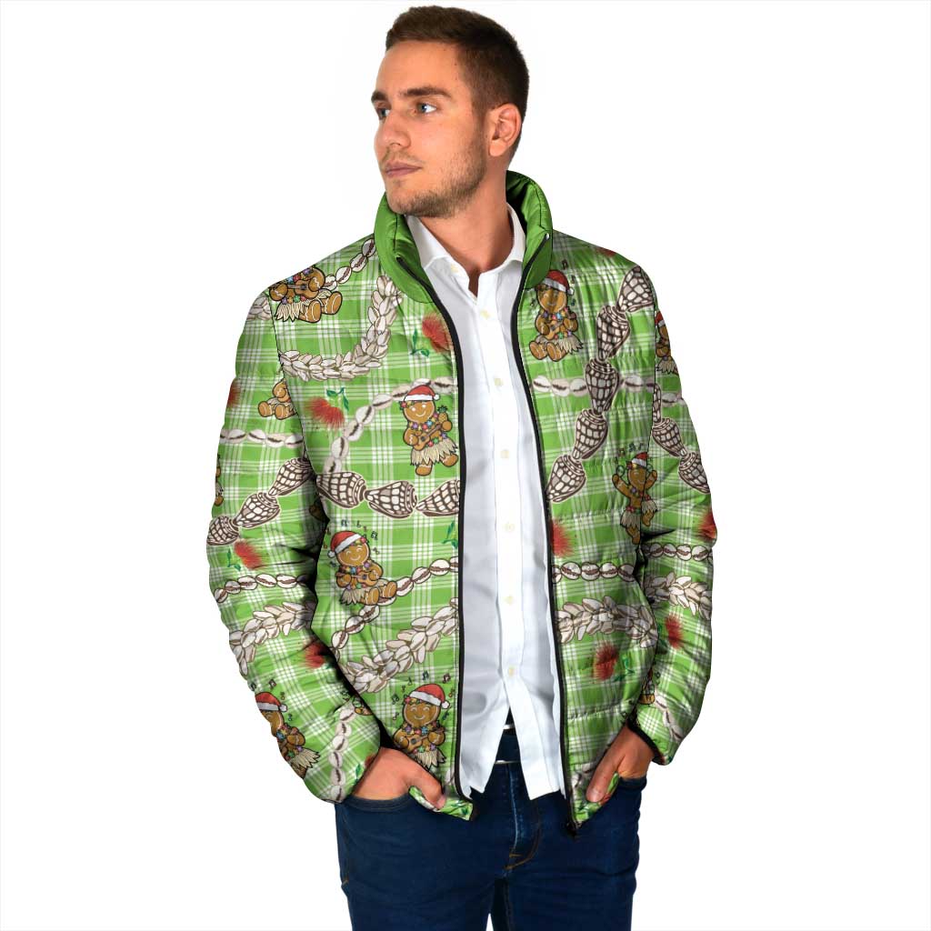 Green Palaka Hawaii Mele Kalikimaka Padded Jacket Ohia Lehua Shell Leis Funny Gingerbread Santa - Polynesian Pride