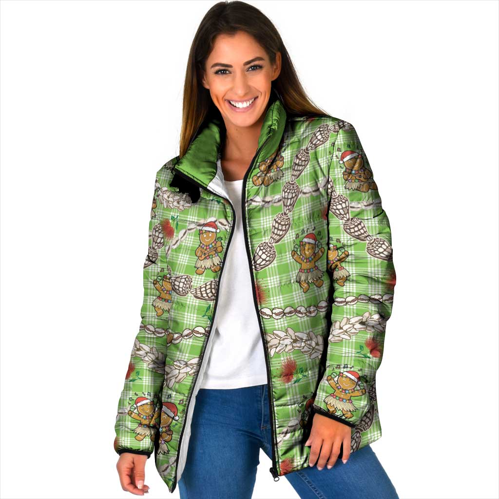 Green Palaka Hawaii Mele Kalikimaka Padded Jacket Ohia Lehua Shell Leis Funny Gingerbread Santa - Polynesian Pride
