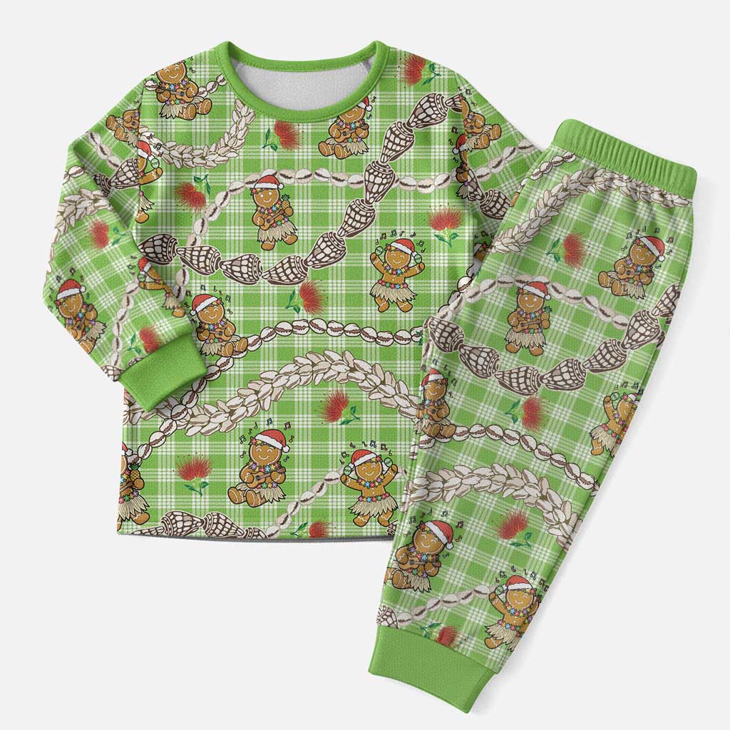 Green Palaka Hawaii Mele Kalikimaka Christmas Pajama Set Ohia Lehua Shell Leis Funny Gingerbread Santa - Polynesian Pride