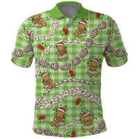 Green Palaka Hawaii Mele Kalikimaka Polo Shirt Ohia Lehua Shell Leis Funny Gingerbread Santa - Polynesian Pride