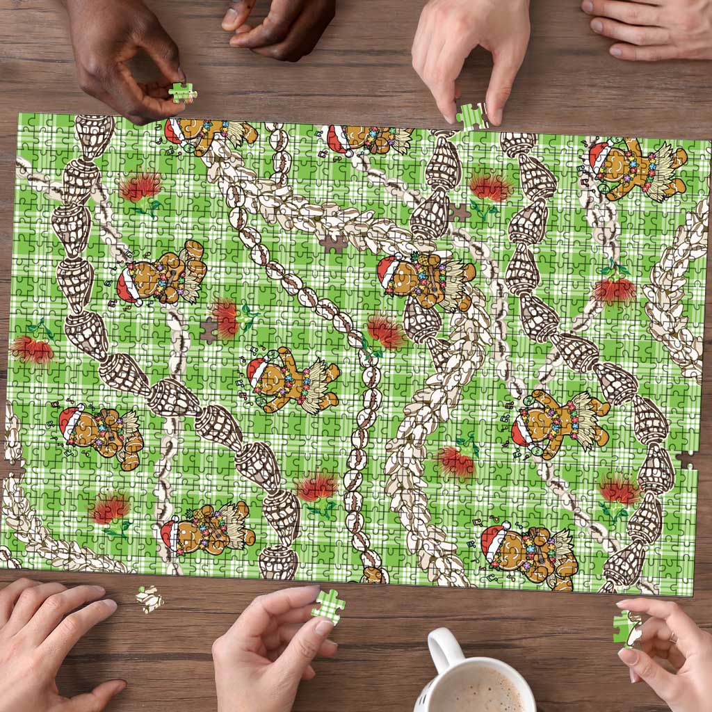 Green Palaka Hawaii Mele Kalikimaka Puzzle Ohia Lehua Shell Leis Funny Gingerbread Santa - Polynesian Pride