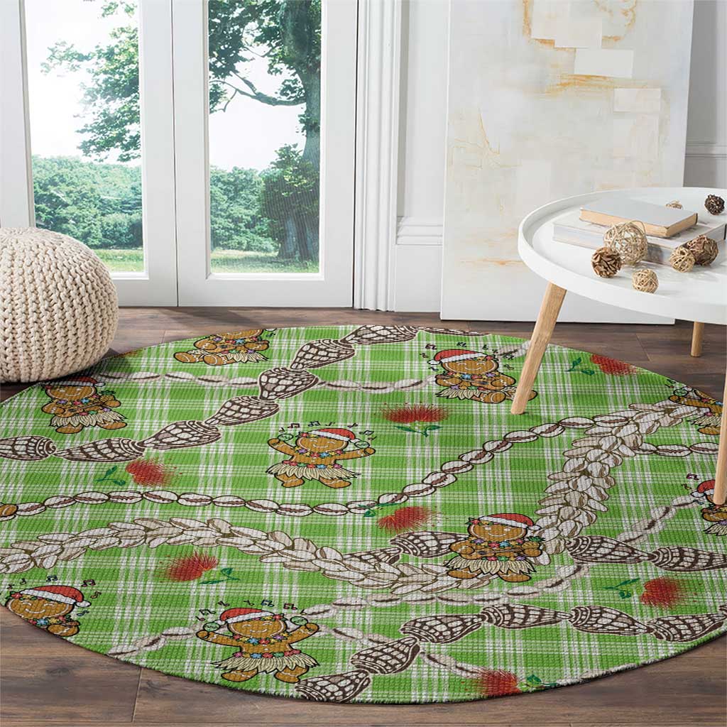 Green Palaka Hawaii Mele Kalikimaka Round Carpet Ohia Lehua Shell Leis Funny Gingerbread Santa - Polynesian Pride
