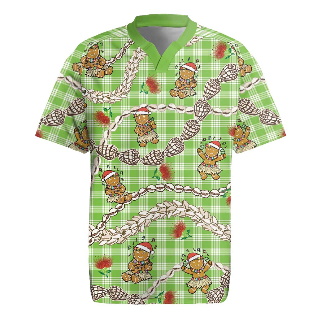 Green Palaka Hawaii Mele Kalikimaka Rugby Jersey Ohia Lehua Shell Leis Funny Gingerbread Santa LT14 Green - Polynesian Pride