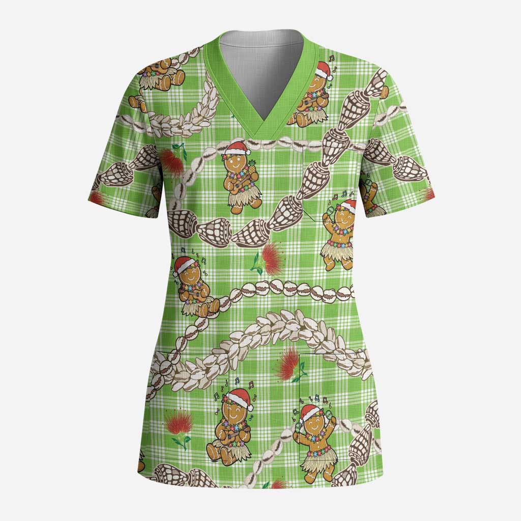 Green Palaka Hawaii Mele Kalikimaka Scrub Top Ohia Lehua Shell Leis Funny Gingerbread Santa - Polynesian Pride