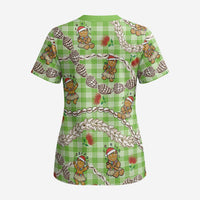 Green Palaka Hawaii Mele Kalikimaka Scrub Top Ohia Lehua Shell Leis Funny Gingerbread Santa - Polynesian Pride