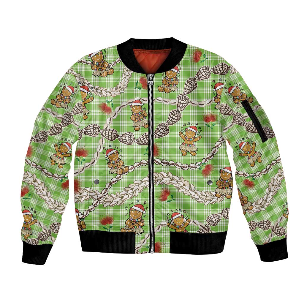 Green Palaka Hawaii Mele Kalikimaka Sleeve Zip Bomber Jacket Ohia Lehua Shell Leis Funny Gingerbread Santa LT14 Unisex Green - Polynesian Pride