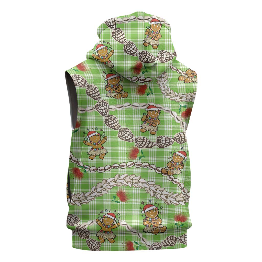 Green Palaka Hawaii Mele Kalikimaka Sleeveless Hoodie Ohia Lehua Shell Leis Funny Gingerbread Santa - Polynesian Pride