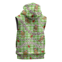 Green Palaka Hawaii Mele Kalikimaka Sleeveless Hoodie Ohia Lehua Shell Leis Funny Gingerbread Santa - Polynesian Pride