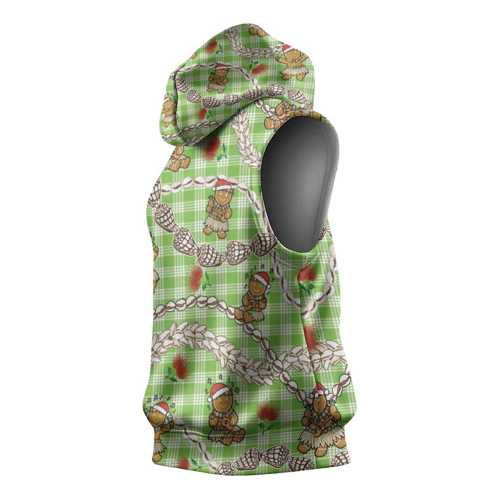 Green Palaka Hawaii Mele Kalikimaka Sleeveless Hoodie Ohia Lehua Shell Leis Funny Gingerbread Santa - Polynesian Pride