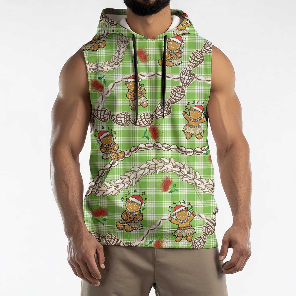 Green Palaka Hawaii Mele Kalikimaka Sleeveless Hoodie Ohia Lehua Shell Leis Funny Gingerbread Santa - Polynesian Pride