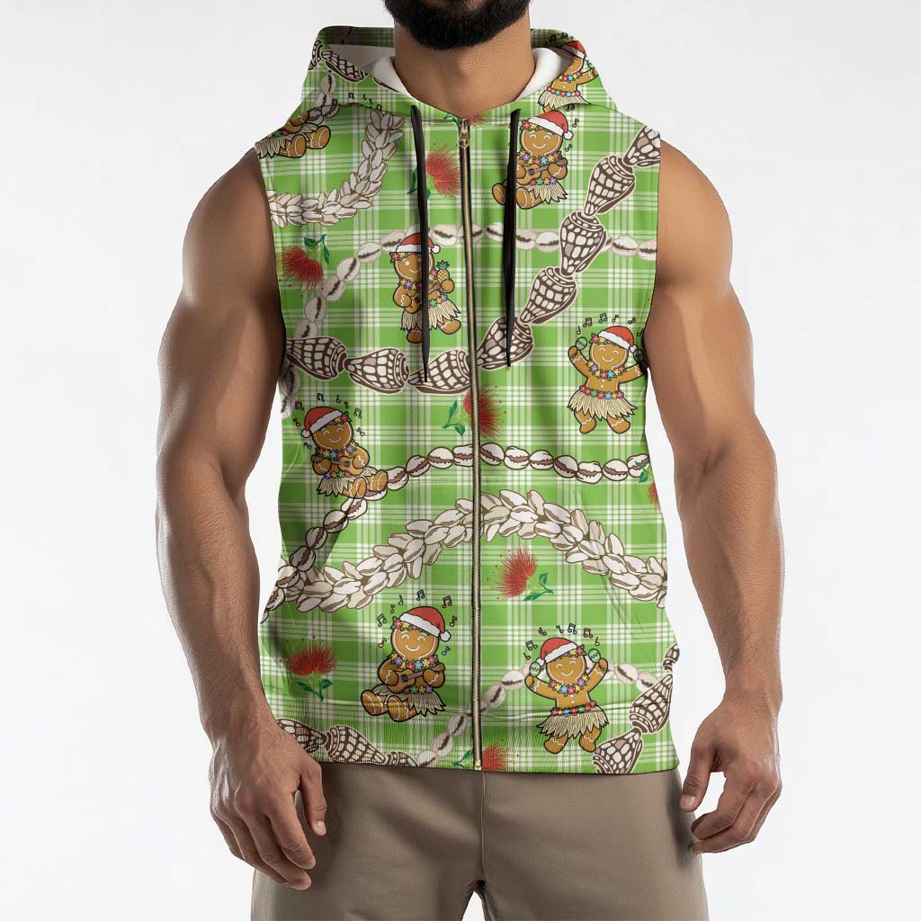 Green Palaka Hawaii Mele Kalikimaka Sleeveless Zip Hoodie Ohia Lehua Shell Leis Funny Gingerbread Santa - Polynesian Pride