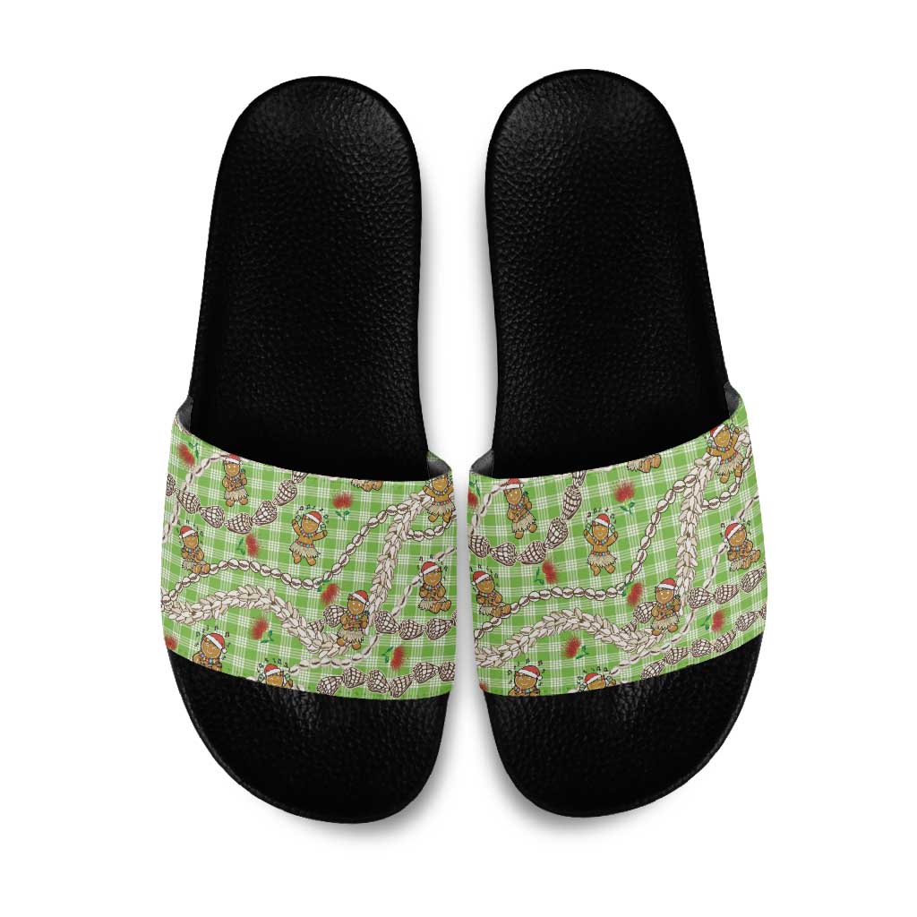 Green Palaka Hawaii Mele Kalikimaka Slide Sandals Ohia Lehua Shell Leis Funny Gingerbread Santa LT14 Green - Polynesian Pride