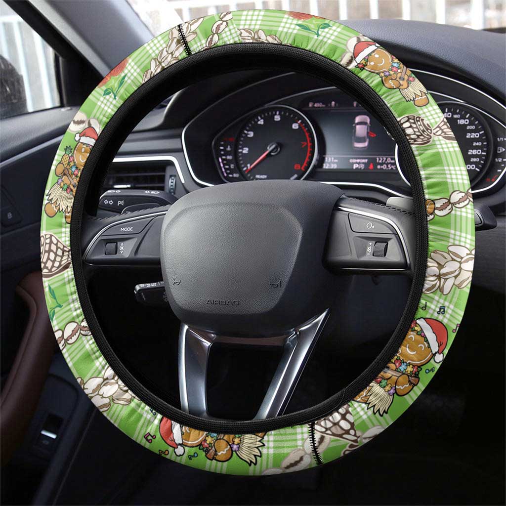 Green Palaka Hawaii Mele Kalikimaka Steering Wheel Cover Ohia Lehua Shell Leis Funny Gingerbread Santa - Polynesian Pride