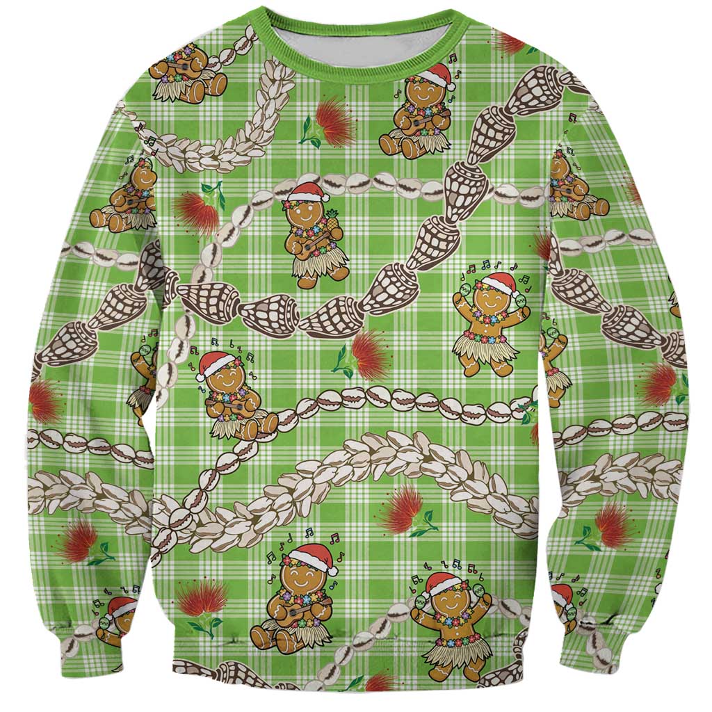 Green Palaka Hawaii Mele Kalikimaka Sweatshirt Ohia Lehua Shell Leis Funny Gingerbread Santa - Polynesian Pride