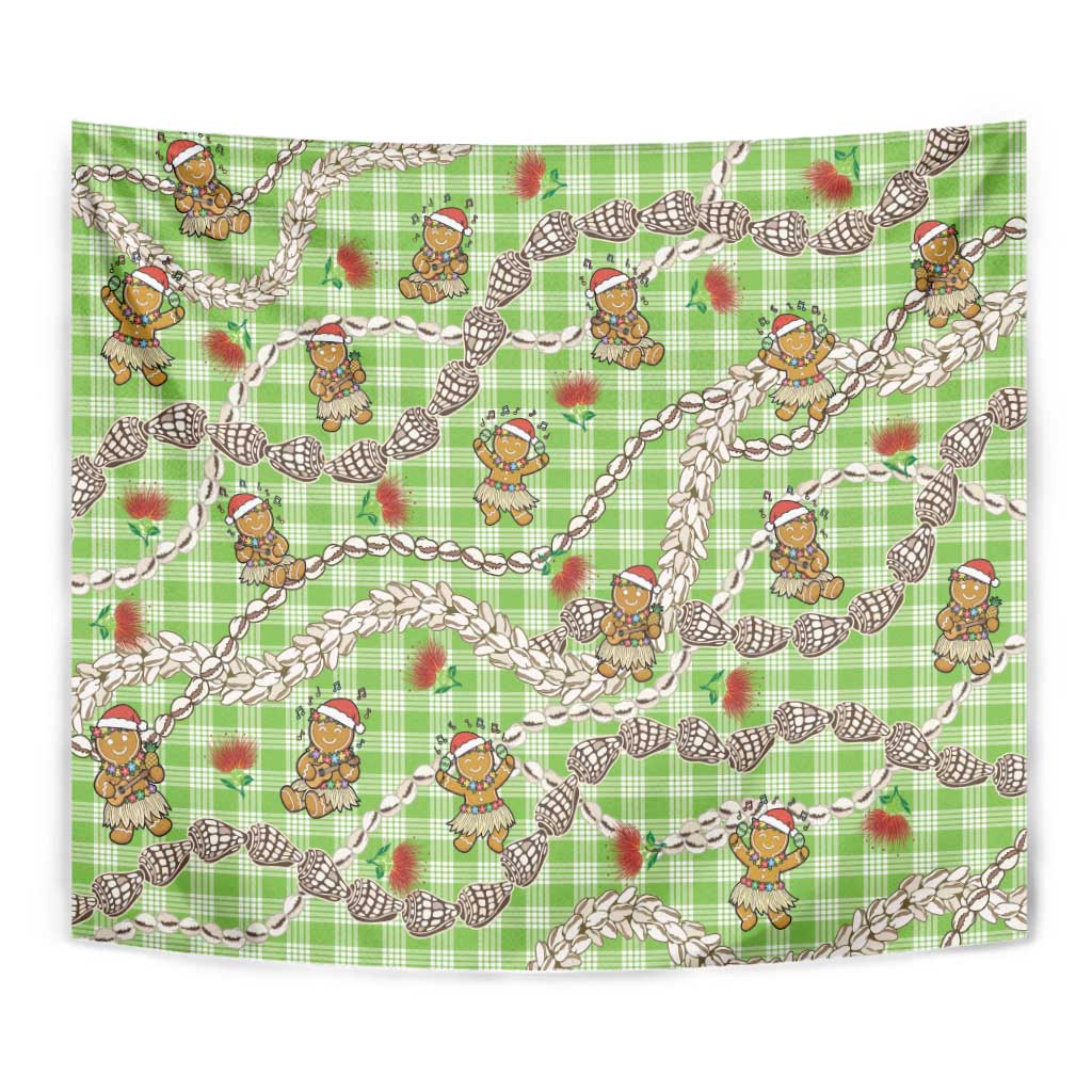 Green Palaka Hawaii Mele Kalikimaka Tapestry Ohia Lehua Shell Leis Funny Gingerbread Santa - Polynesian Pride