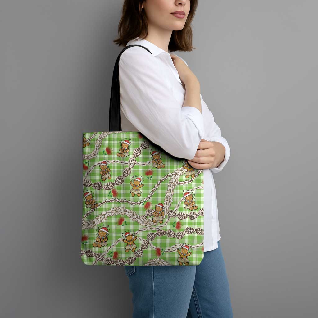 Green Palaka Hawaii Mele Kalikimaka Tote Bag Ohia Lehua Shell Leis Funny Gingerbread Santa - Polynesian Pride