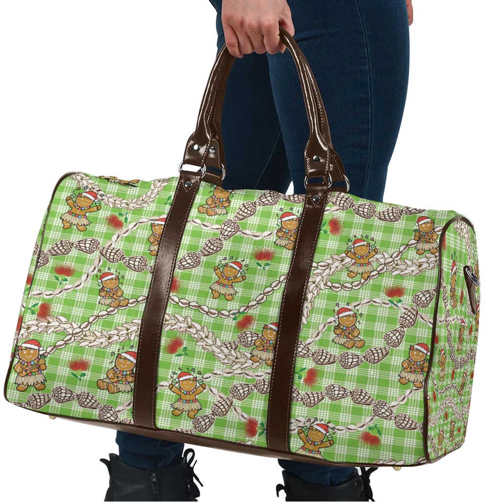 Green Palaka Hawaii Mele Kalikimaka Travel Bag Ohia Lehua Shell Leis Funny Gingerbread Santa - Polynesian Pride