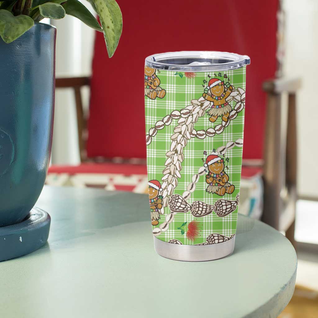 Green Palaka Hawaii Mele Kalikimaka Tumbler Cup Ohia Lehua Shell Leis Funny Gingerbread Santa - Polynesian Pride
